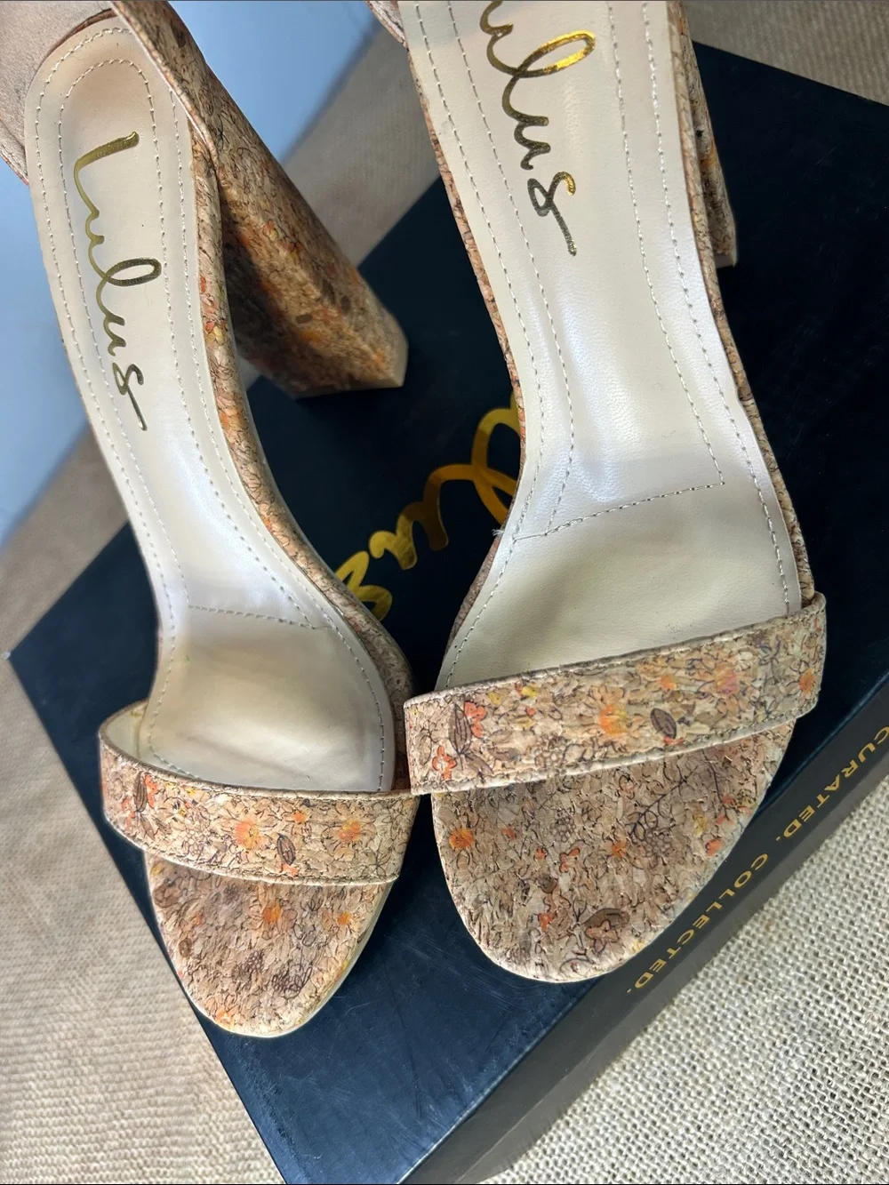 Lulu's Cork-Textured Ankle-Strap Block Heels - Tan Multi